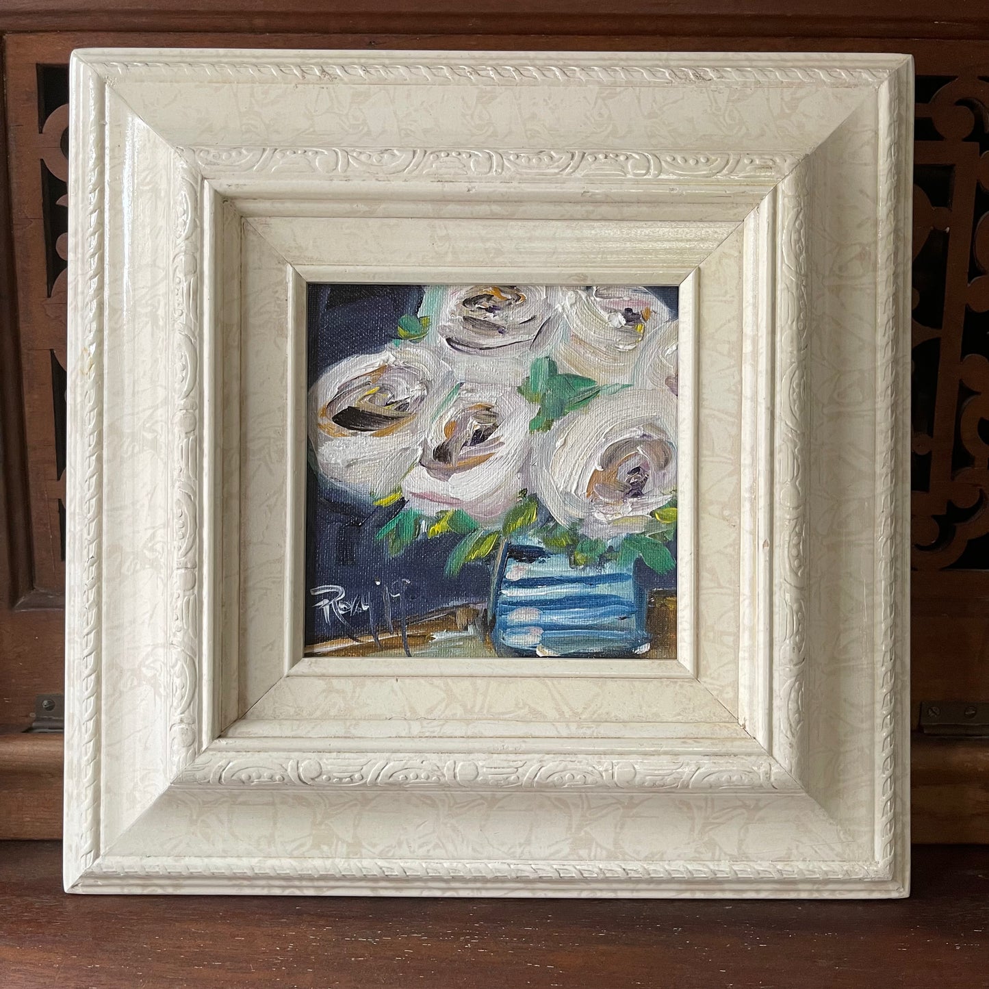 Roses blanches-Peinture à l’huile de roses blanches abstraites modernes originales encadrées