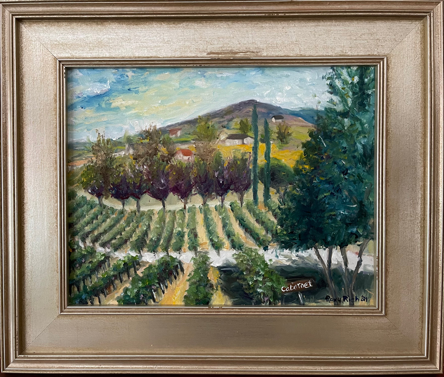 Cabernet Lot en Oak Mountain Winery, pintura de paisaje al óleo original de Temecula enmarcada