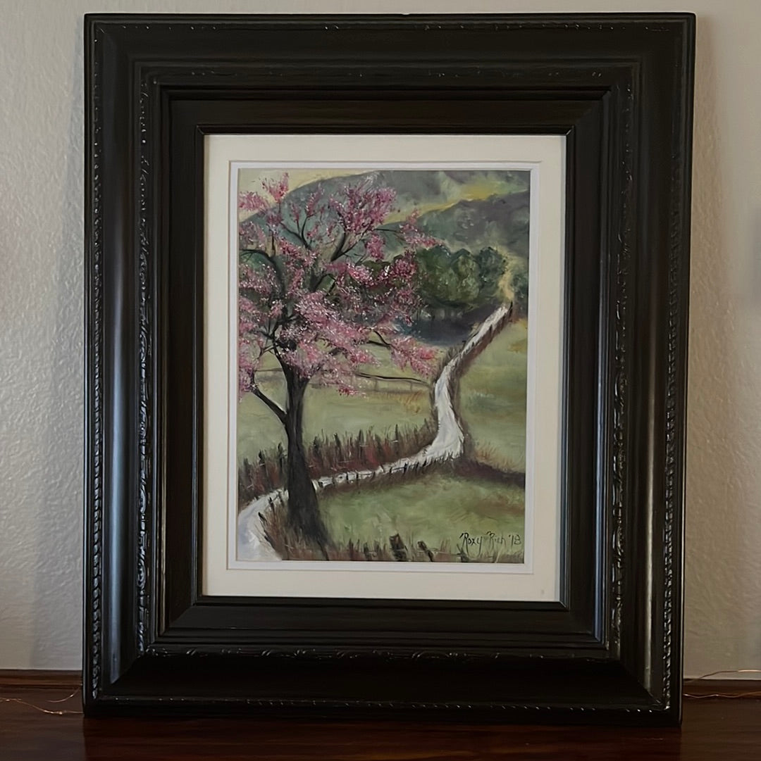Flor de cerezo paisaje de campo inglés-pintura al óleo original enmarcada