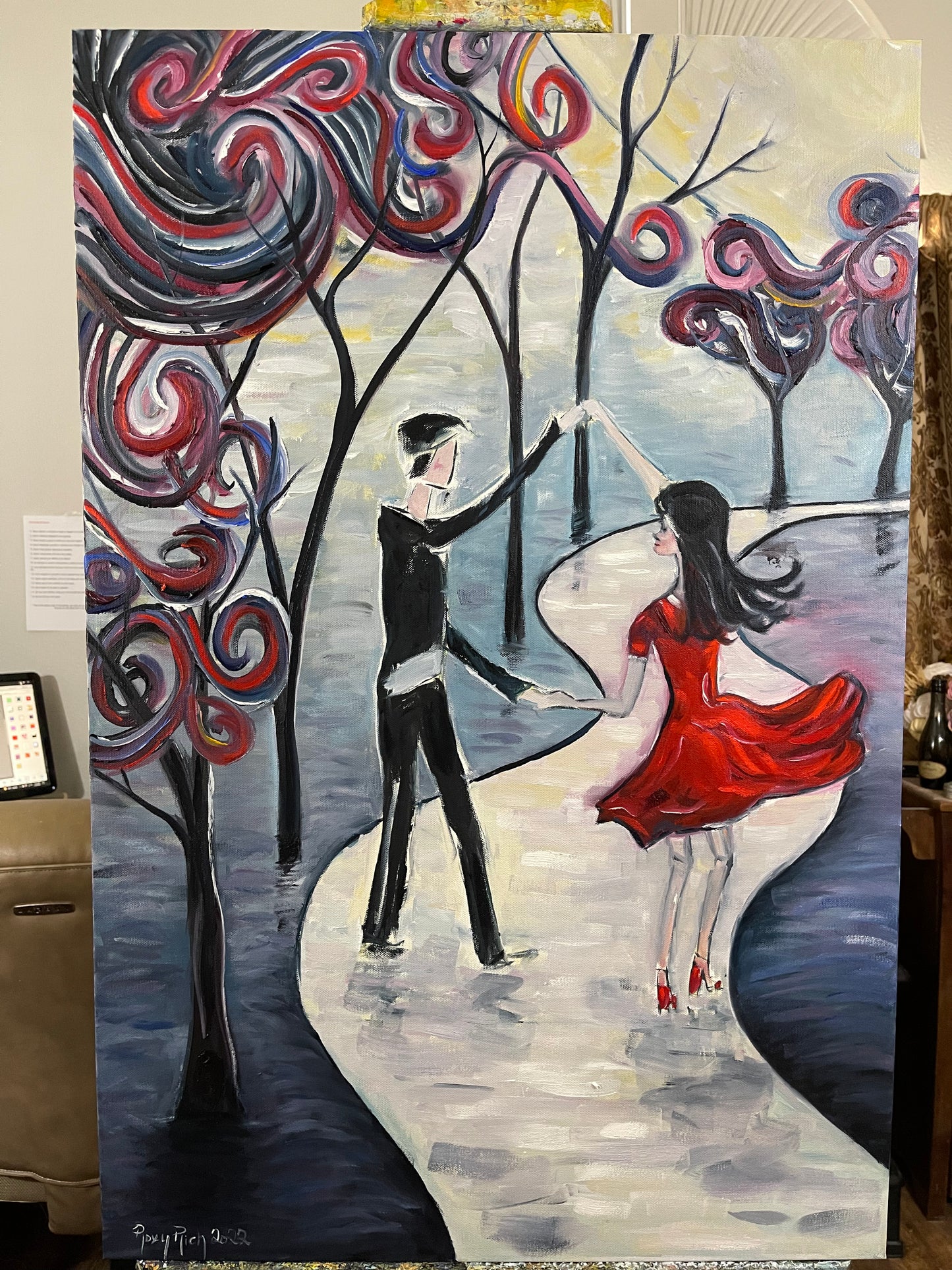 Danse au clair de lune Peinture à l’huile originale Couple romantique à Paris
