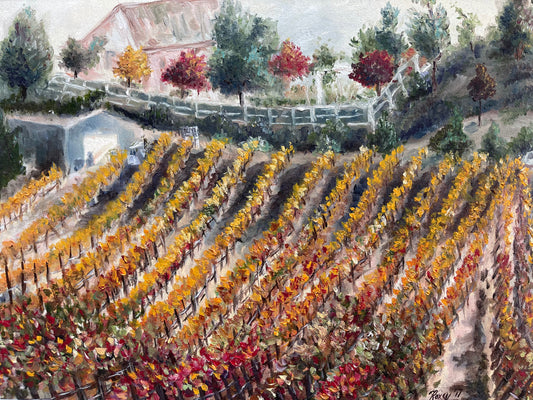 Vignes d’automne-Peinture à l’huile originale encadrée