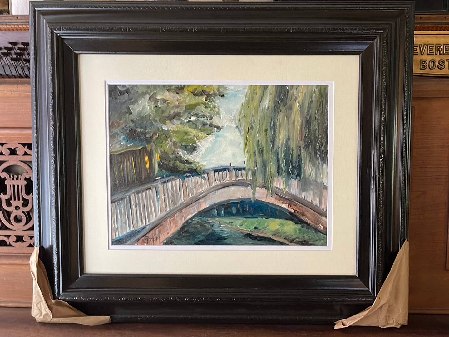 Le pont vers Dorking-Peinture à l’huile originale encadrée