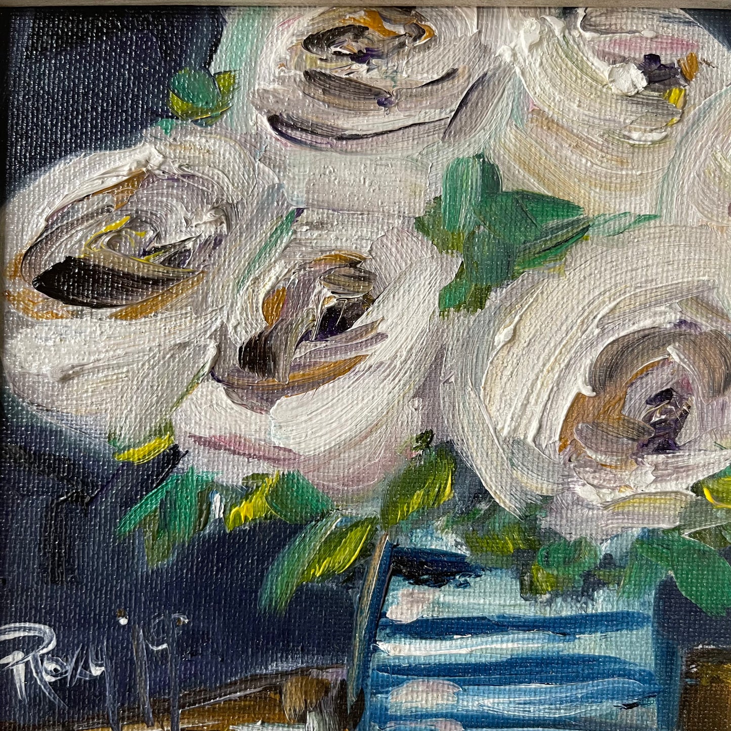 Roses blanches-Peinture à l’huile de roses blanches abstraites modernes originales encadrées