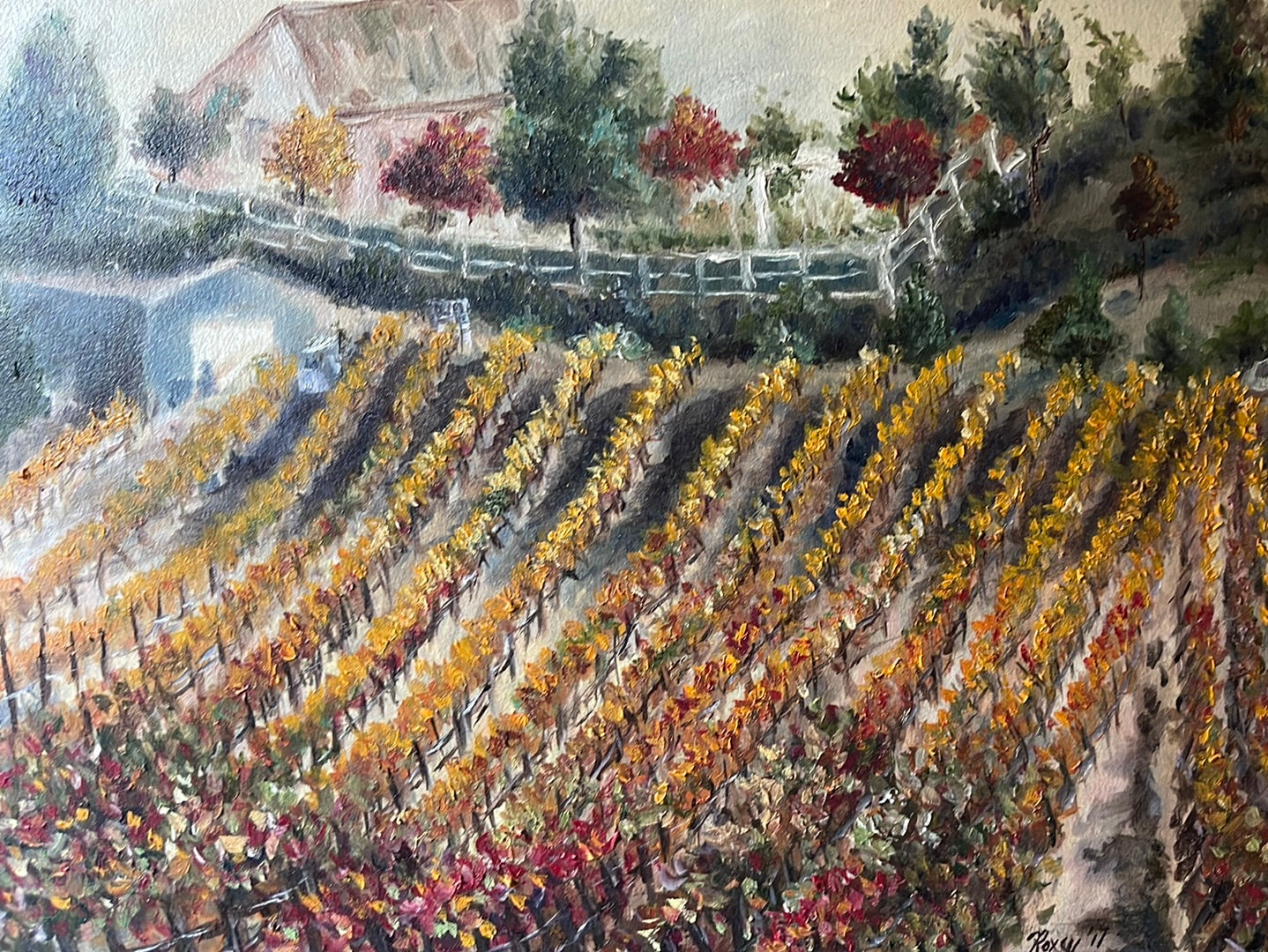 Vignes d’automne-Peinture à l’huile originale encadrée