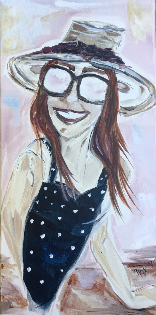 Dana-Pretty Lady in a Hat-20 x 10 Pintura acrílica original enmarcada