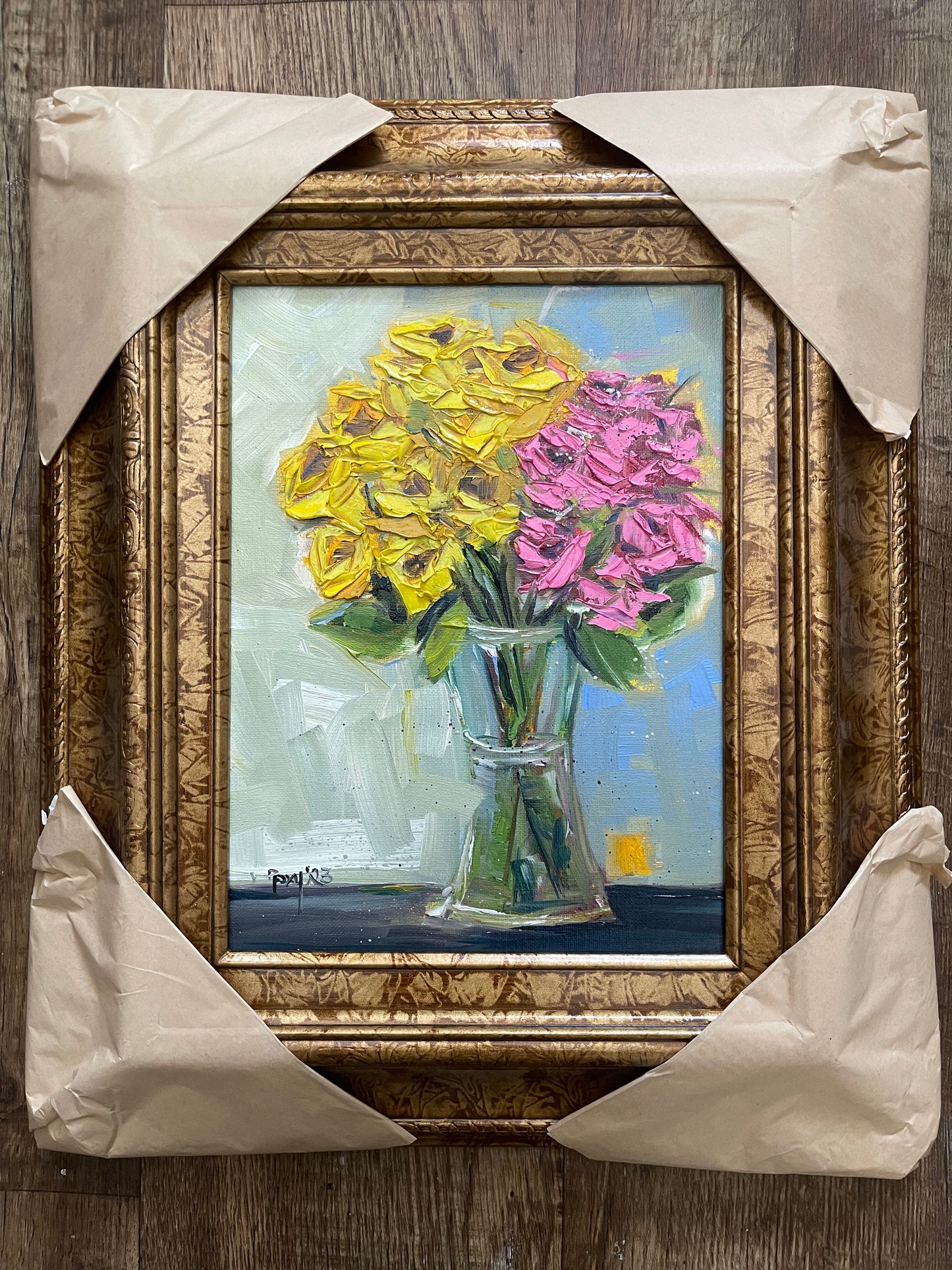 Pink and Yellow Roses Original Oil Painting Framed