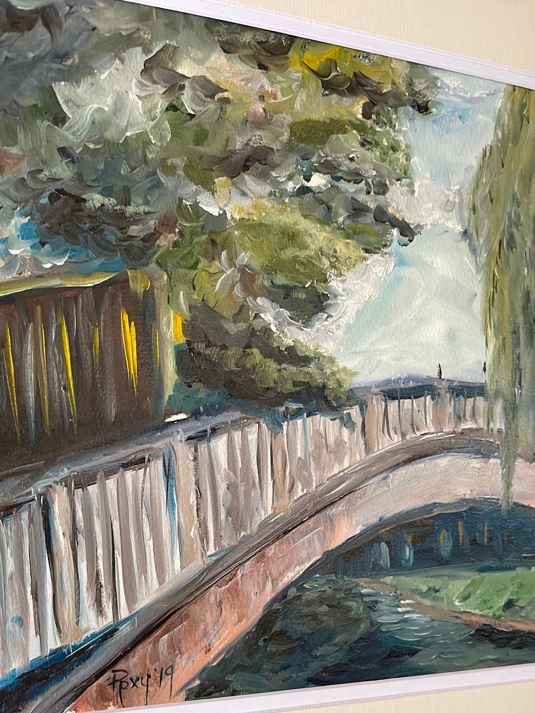 Le pont vers Dorking-Peinture à l’huile originale encadrée