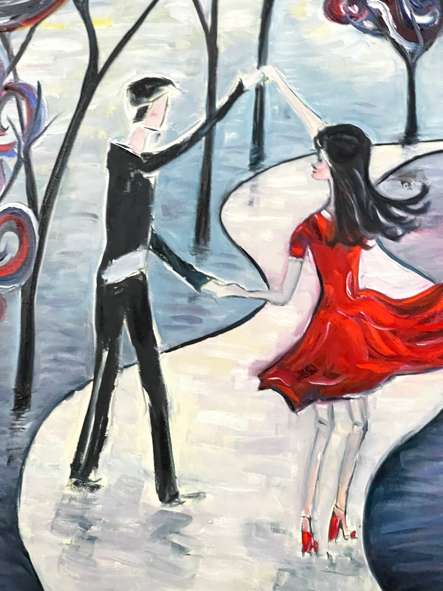 Bailando a la luz de la luna Pintura al óleo original Pareja romántica en París