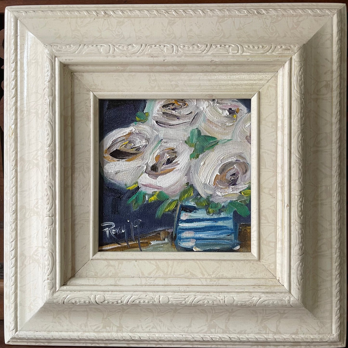 Roses blanches-Peinture à l’huile de roses blanches abstraites modernes originales encadrées