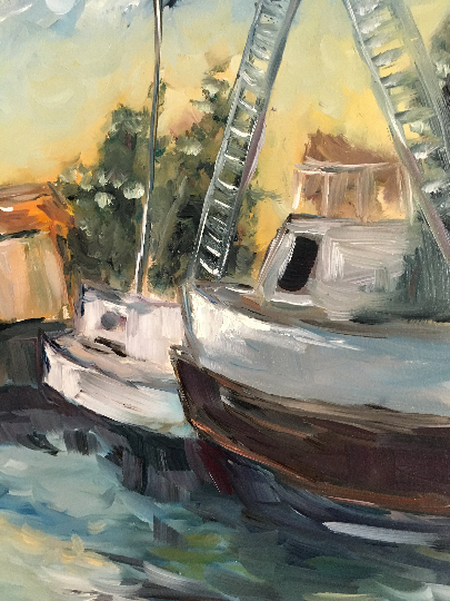Jeanne's Harbor-Original Harbor Boats Pintura al óleo enmarcada