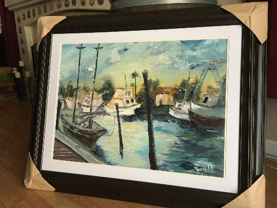 Jeanne’s Harbor-Original Harbour Boats Peinture à l’huile encadrée