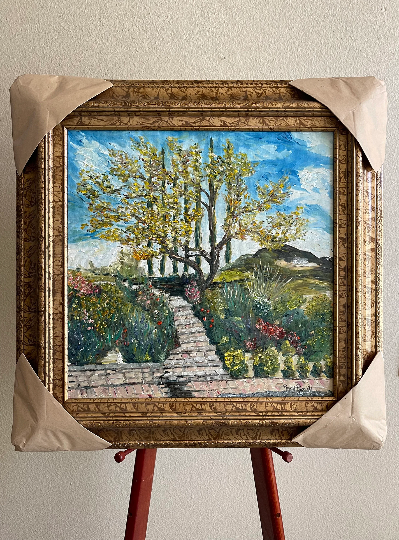 Olivier et marches du jardin à Gershon Bachus Vintners-Original Impressionnisme contemporain Peinture à l’huile de paysage encadrée