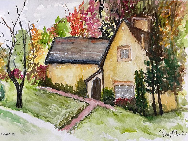 Woodwells Cottage à Owlpen Manor Cotswolds Peinture aquarelle originale encadrée