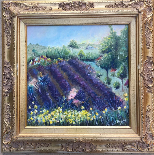 Pintura de paisaje al óleo de impresionismo contemporáneo original de Provenza enmarcada (lavanda)