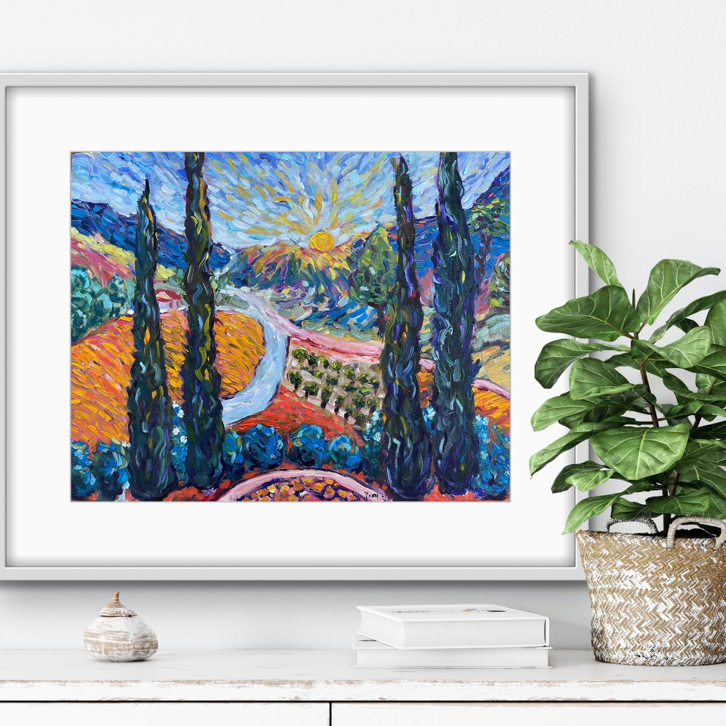 Sunny Cypresses-Original Oil Landscape Painting 16 x 20 Framed