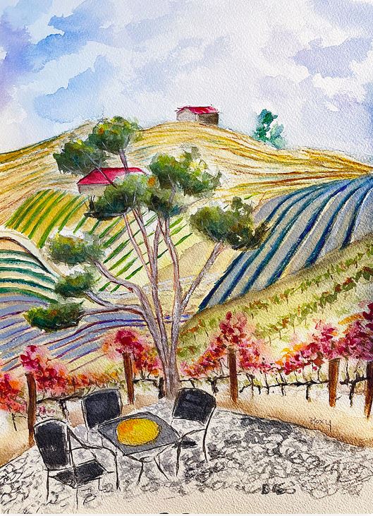 Vista desde el patio en GBV Winery Pintura original de paisaje en acuarela enmarcada