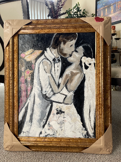 Por fin, pintura original de besos de novia y novio enmarcada