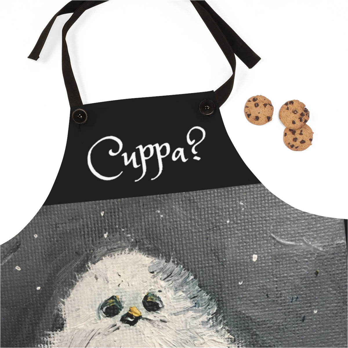 Cuppa? English UK phrase saying on a Black Kitchen Apron  with   Baby Tit  Bird in the Snow