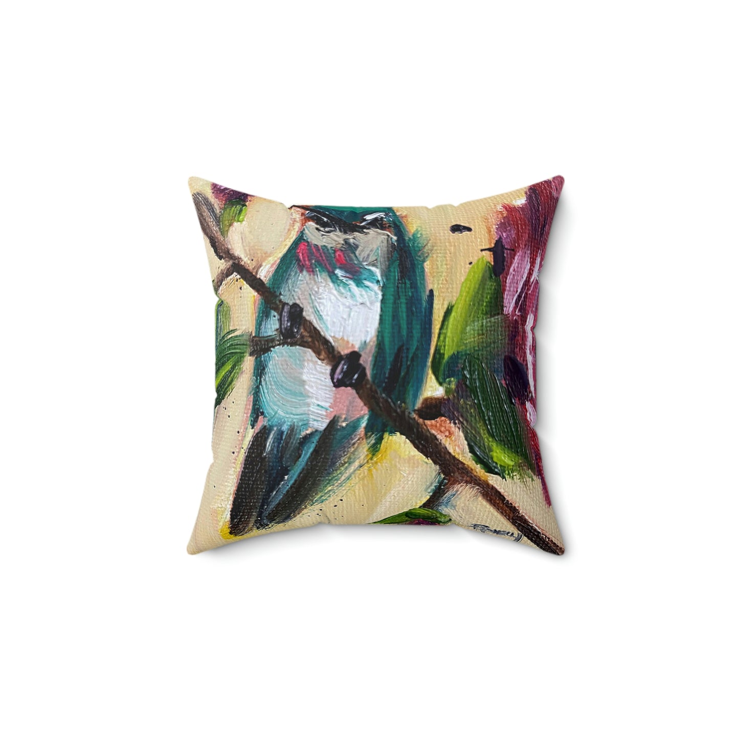 Hummingbird on a Rose Bush Indoor Spun Polyester Square Pillow