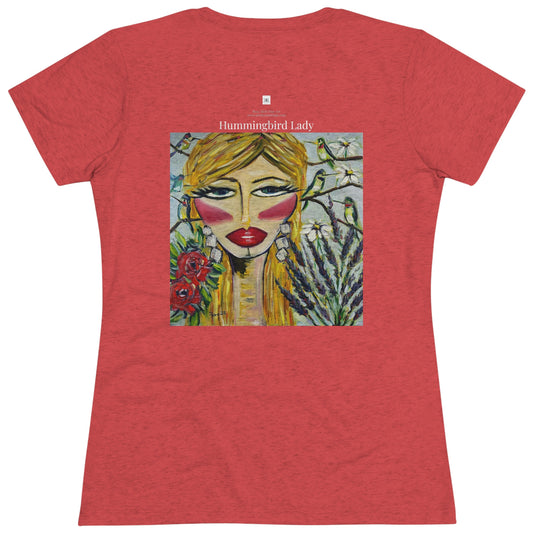 Hummingbird Lady (diseño en la espalda) Camiseta Triblend Tee ajustada para mujer