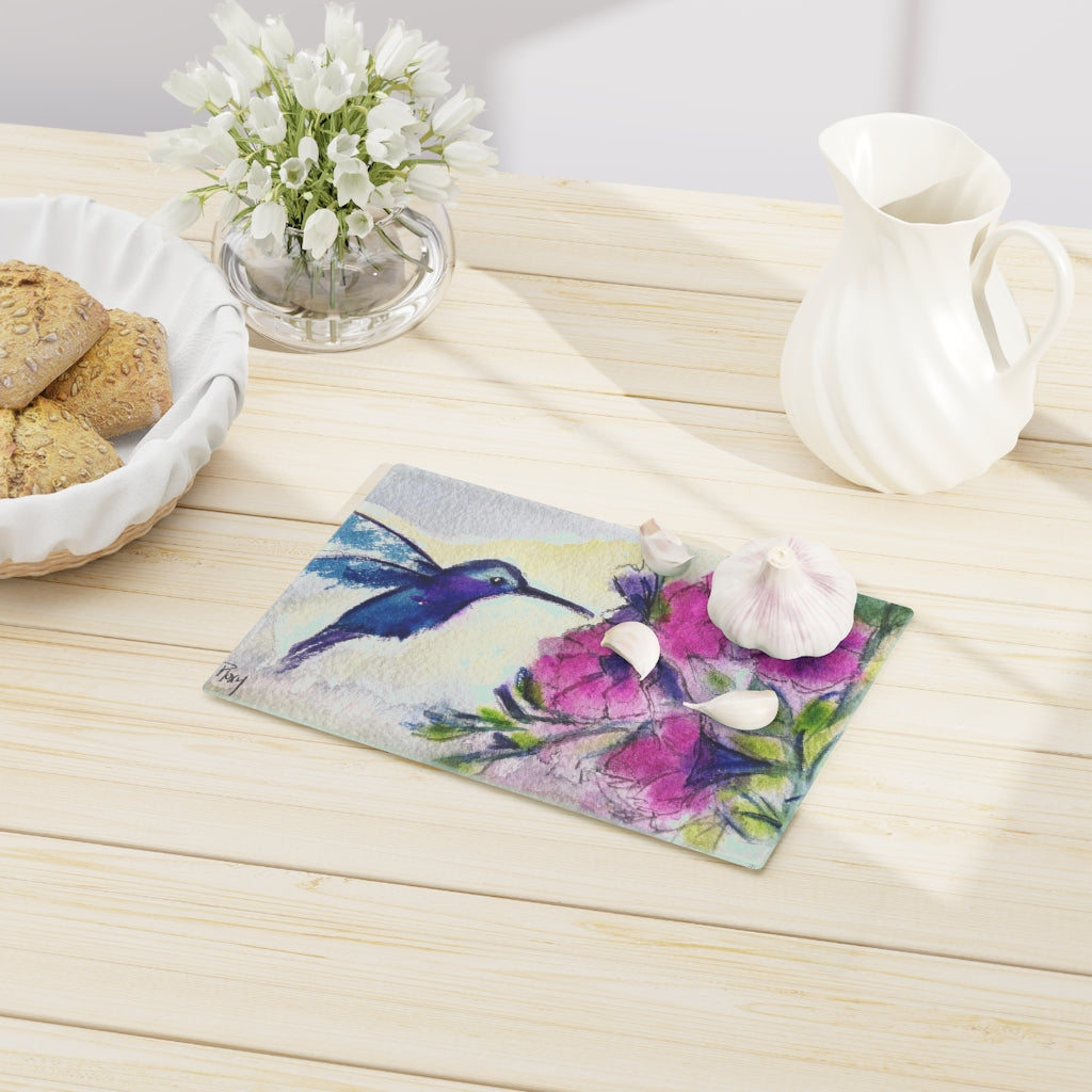 Hummingbird with Pink Flowers Glass Cutting Board