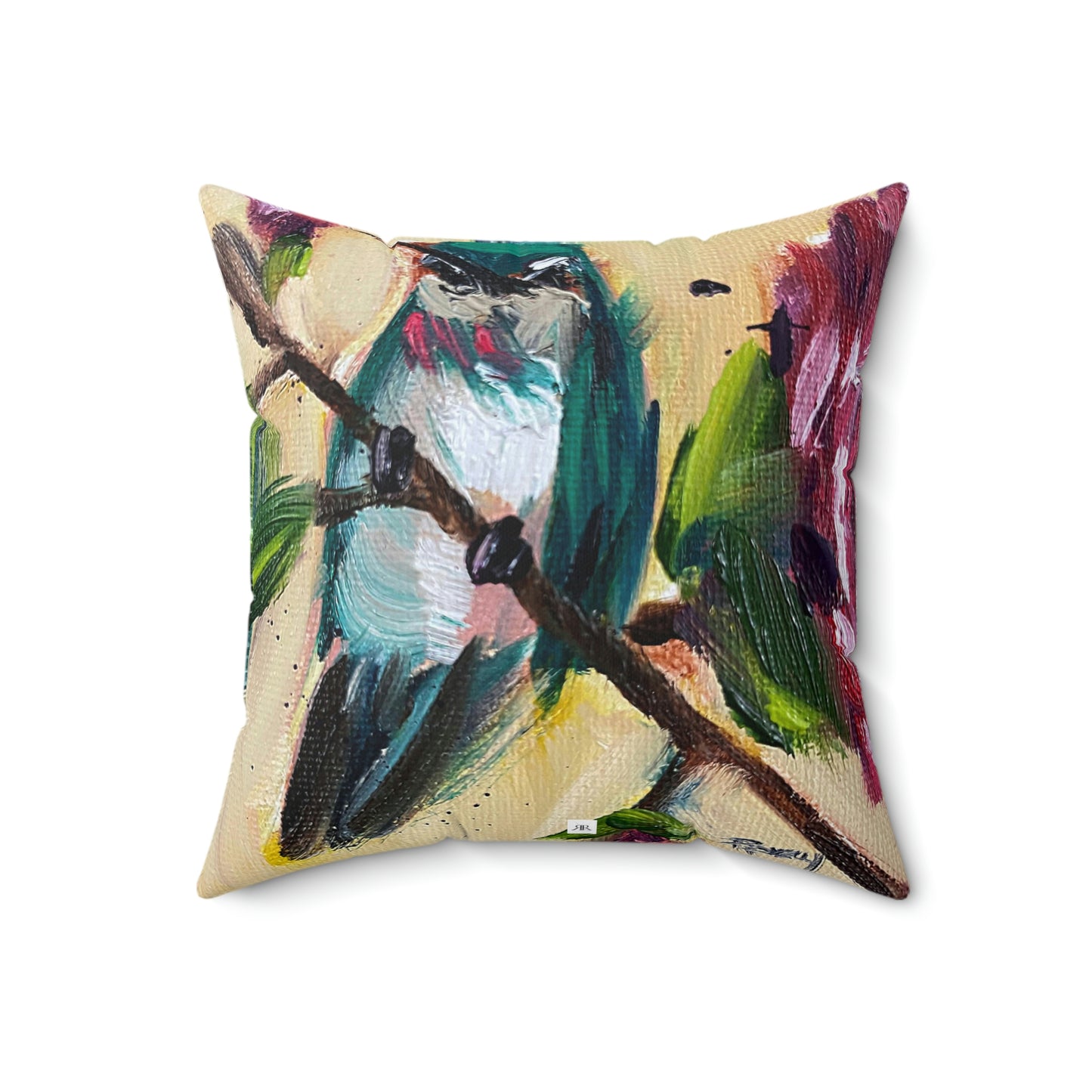 Hummingbird on a Rose Bush Indoor Spun Polyester Square Pillow