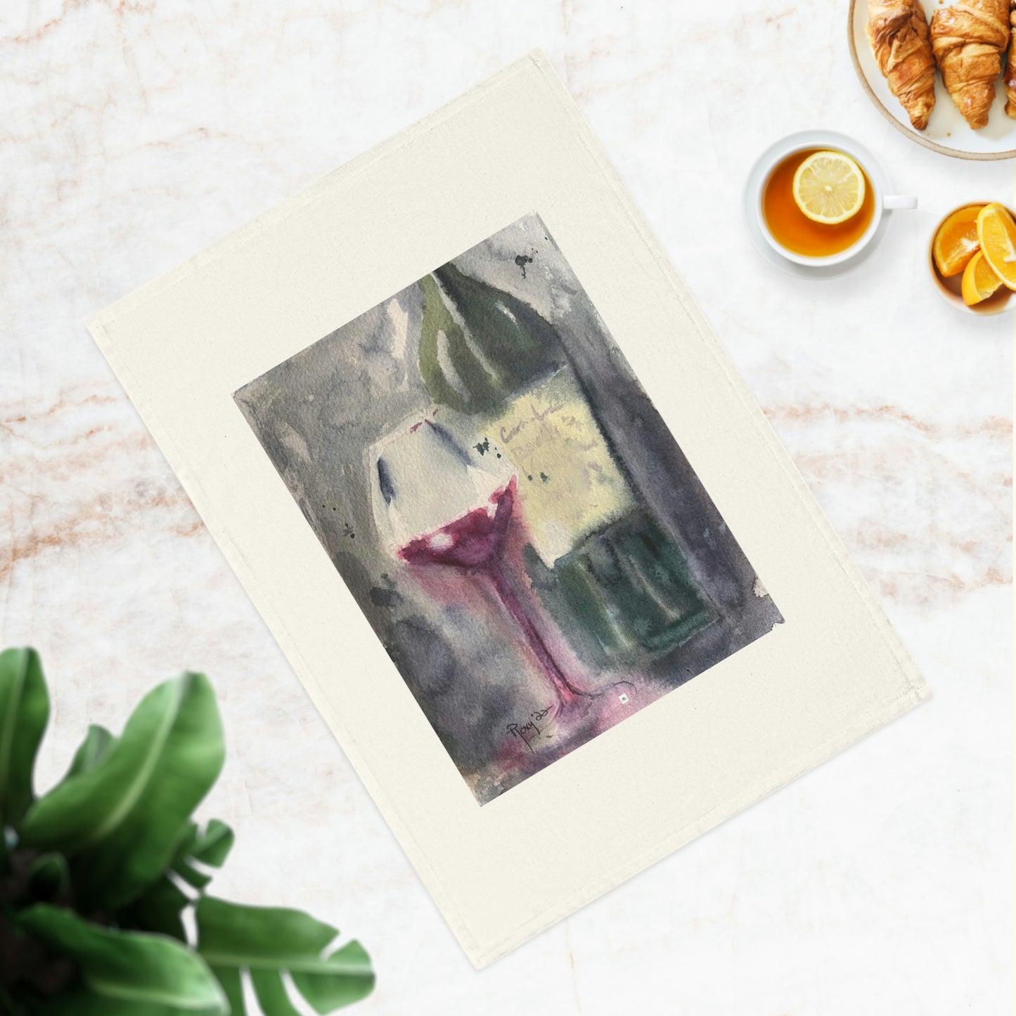 Wine Glass and Bottle Loose Watercolor Organic Vegan Cotton Tea Towel