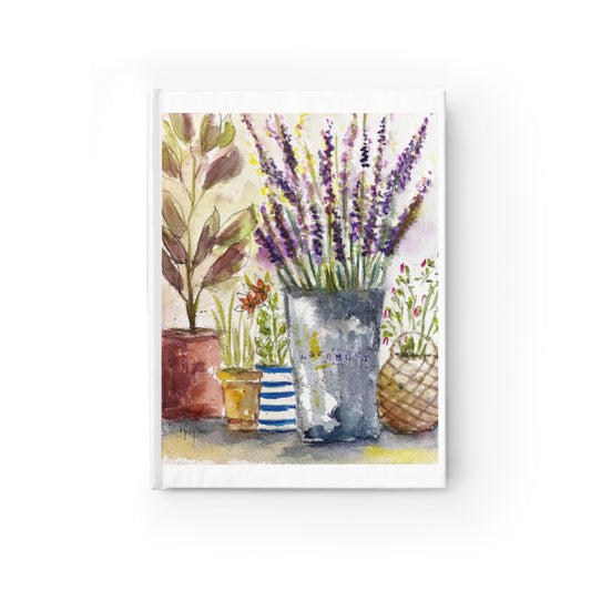 Diario en blanco con pintura original de acuarela floral suelta, estampado de jardín en macetas de lavanda, diario de arte, regalo para amiga de mamá estudiante
