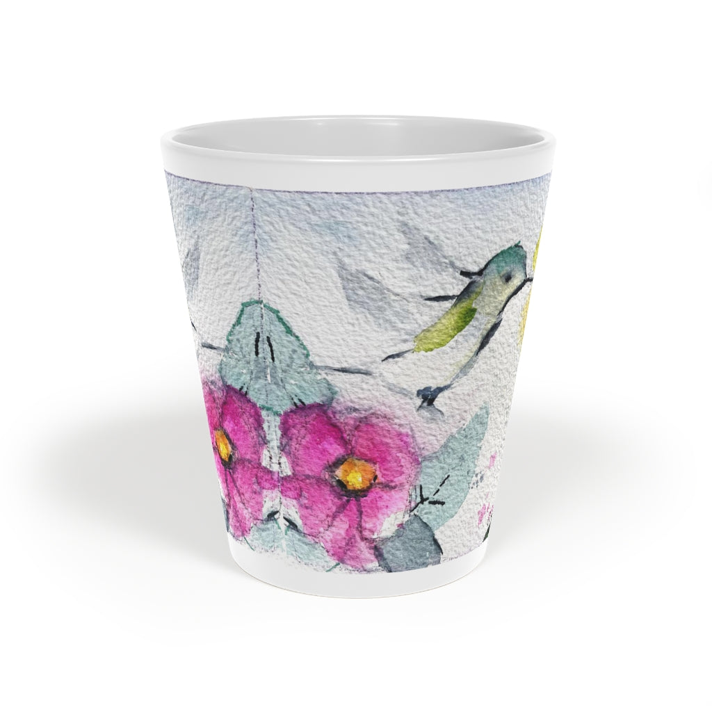 Whimsical Hummingbird Trumpet Vine Latte Mug, 12oz Art Gift