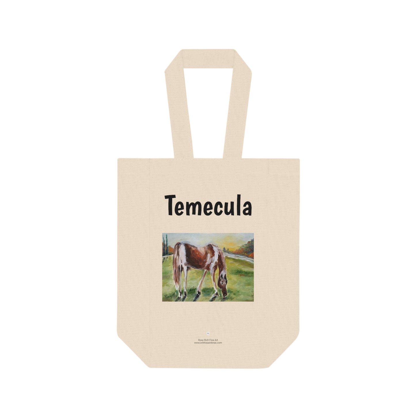 Temecula Double Wine Tote Bag con pintura de paisaje de caballos "Lazy Grazing"