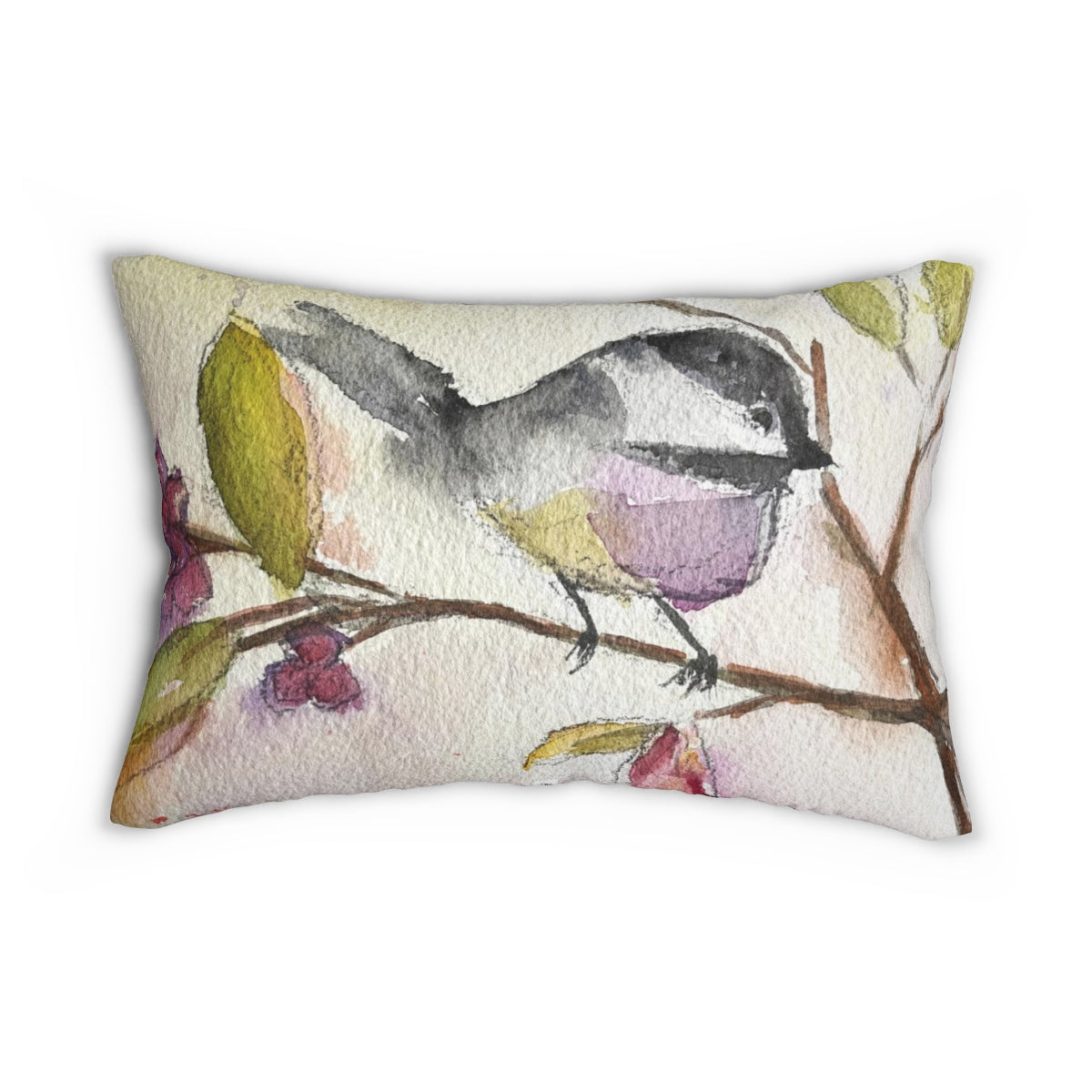 Chickadee Perched in a Berry Tree Lumbar Pillow