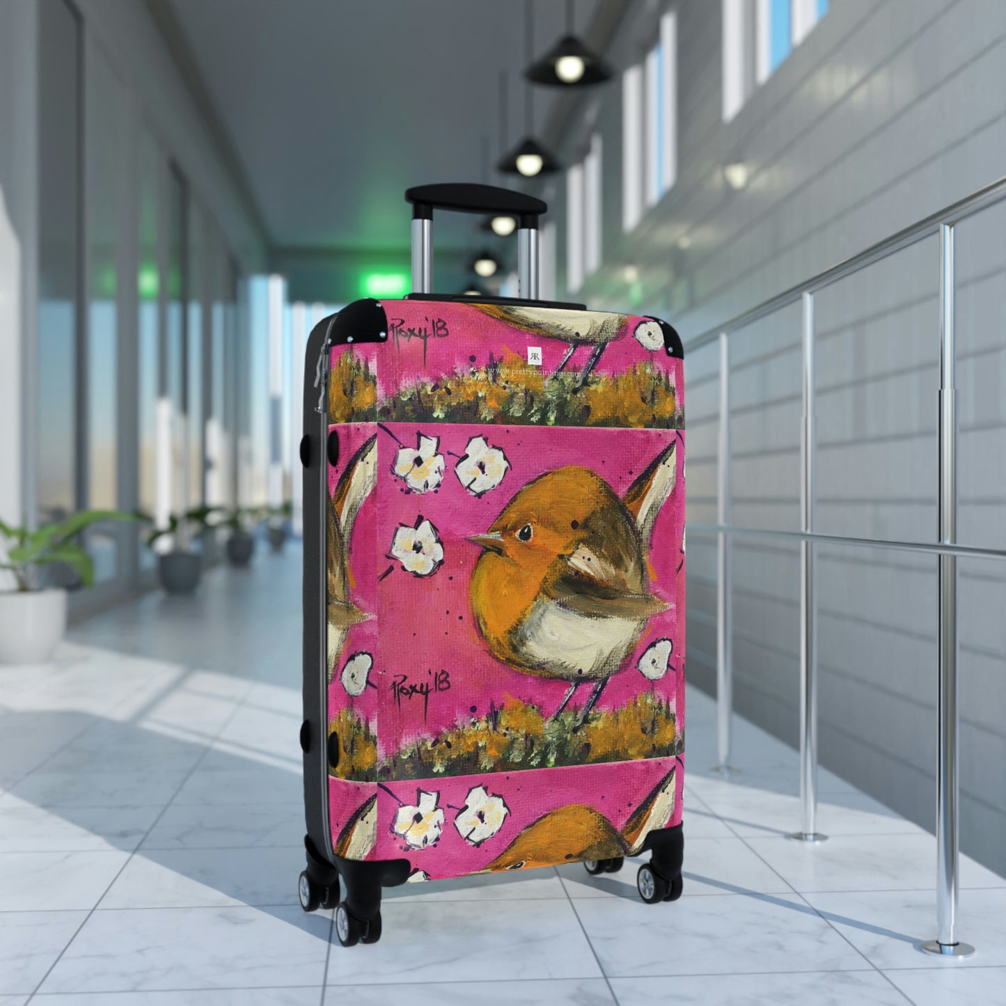 Adorable Whimsical Wren Bird Patterned Carry on Suitcase (three sizes available)