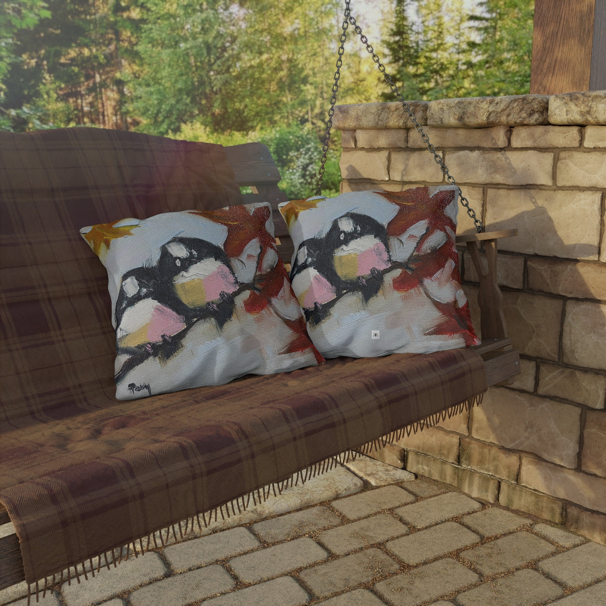 Chickadees in a Maple Tree Outdoor Pillows