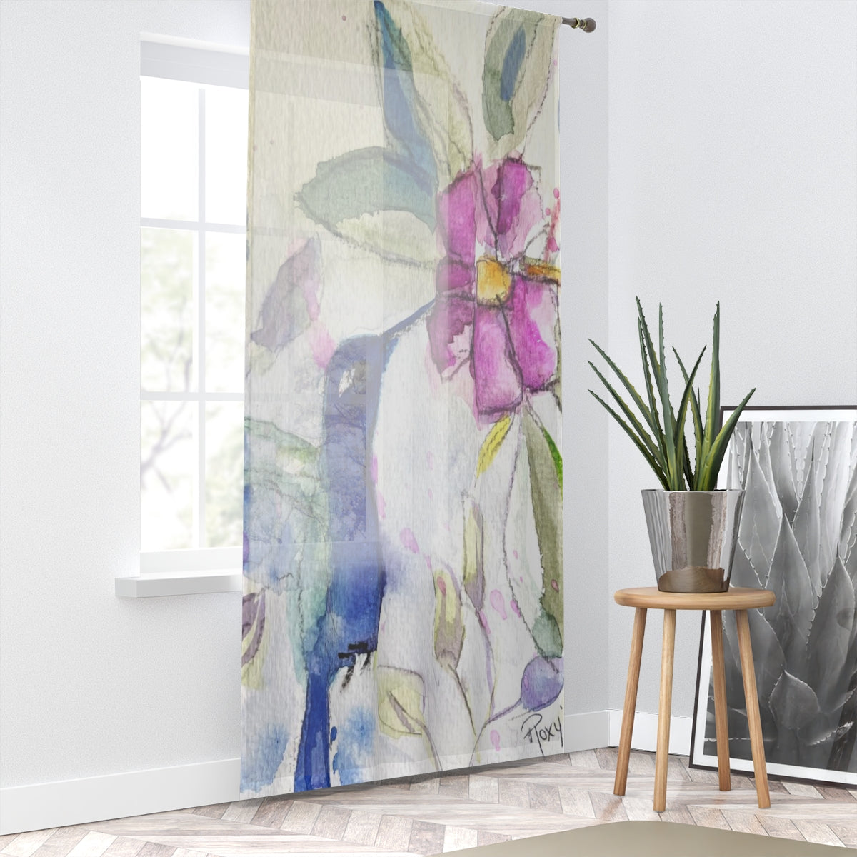 Hummingbird in Spring print on 84 x 50 inch Sheer Window Curtain