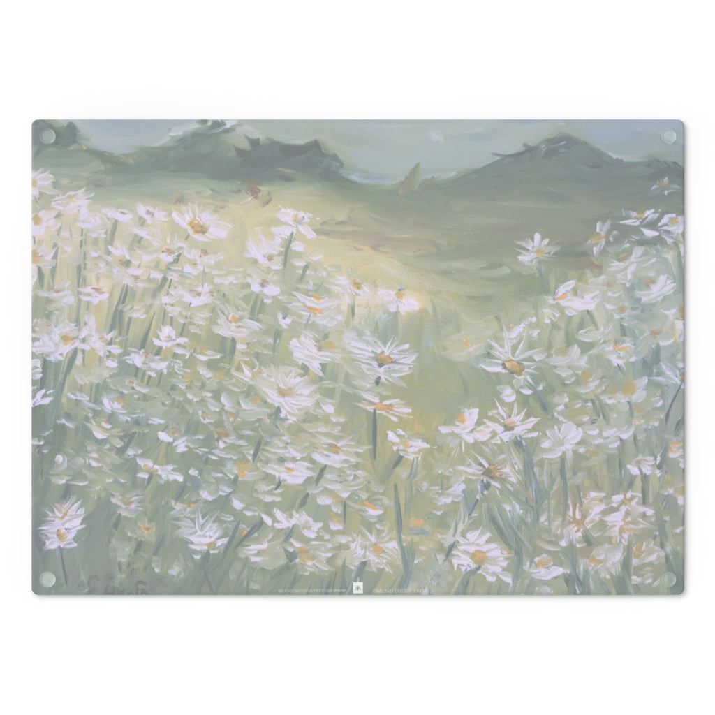 Field of Daisies Flowers Glass Cutting Board