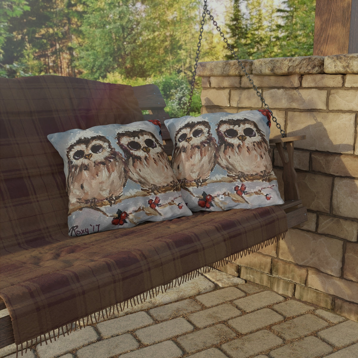 Adorable Baby Owls in Snow Outdoor Pillows