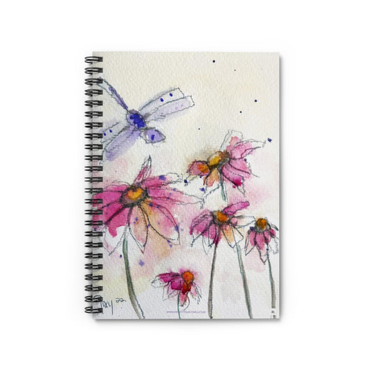 Whimsical Purple Dragonfly Pink Coneflowers Spiral Notebook
