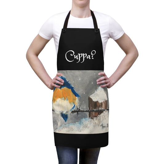 Cuppa? English UK Black Kitchen Apron  with  Bluebird in the Snow Painting