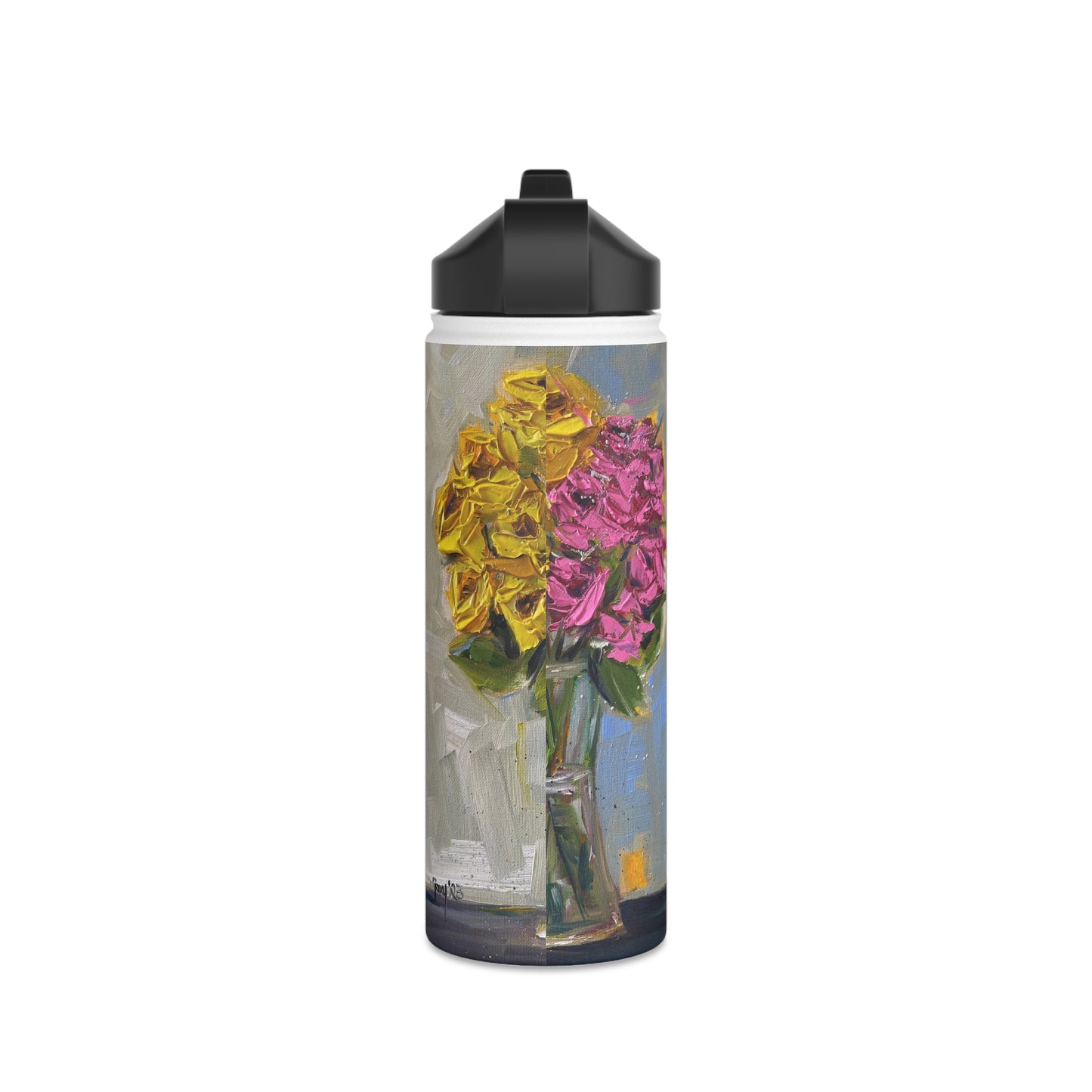 Roses roses et jaunes dans un vase Bouteille d'eau en acier inoxydable, couvercle standard