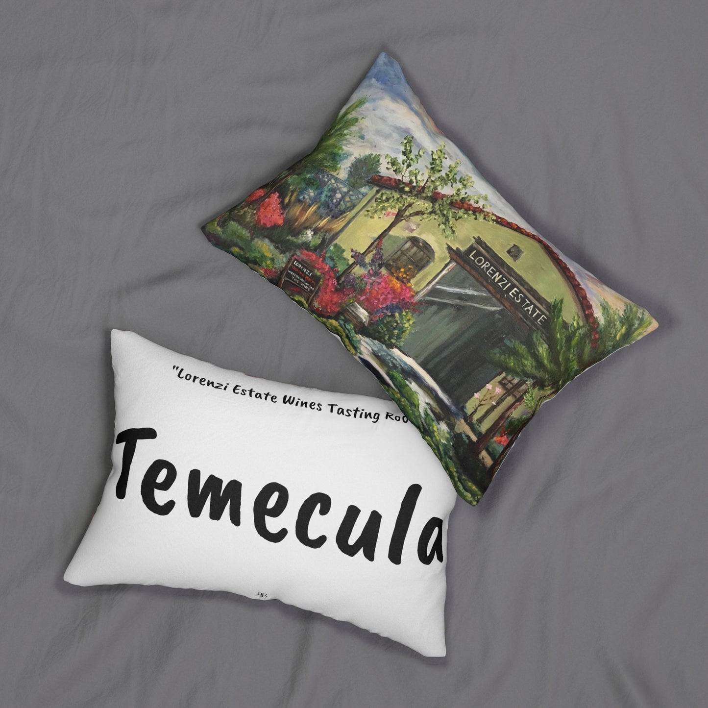 Temecula Lumbar Pillow featuring "Lorenzi Estate Wines Tasting Room" painting and "Temecula"