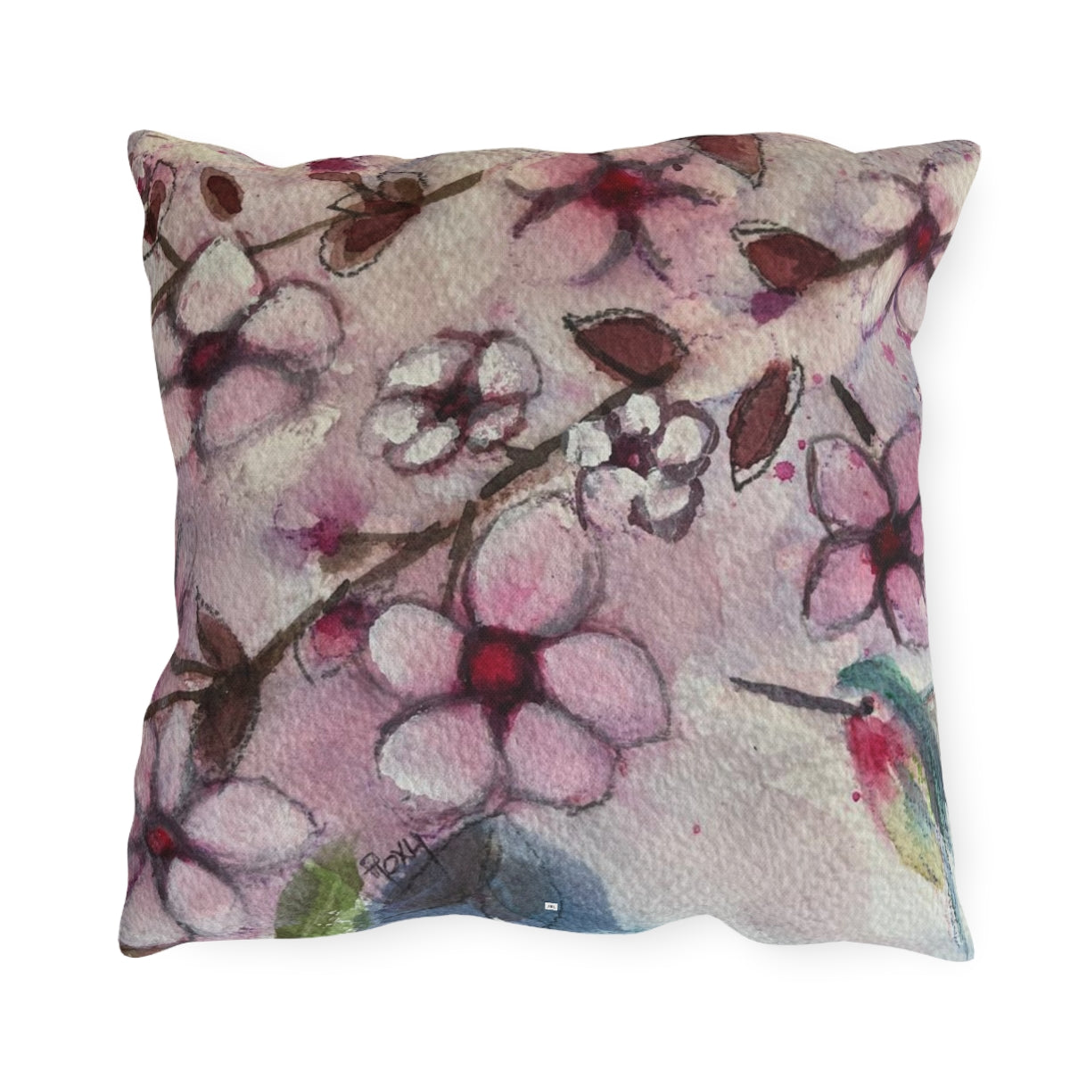 Hummingbird in Cherry Blossoms Outdoor Pillows