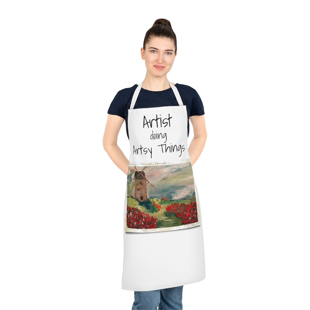 Artist Apron with Windmill in a Poppy field Original oil Landscape Painting printed on for Artists Cooks Workshops