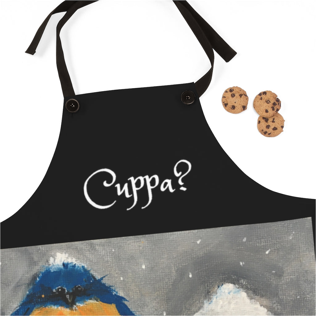 Cuppa? English UK phrase saying on a Black Kitchen Apron  with Original  Bluebird in the Snow Painting Art Print Wearable Art