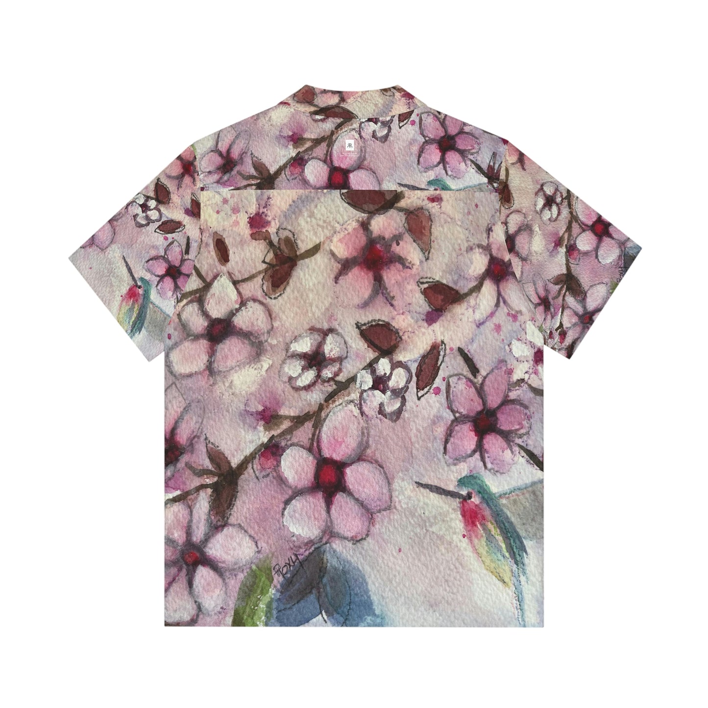 Hummingbird in Cherry Blossoms Original Loose Floral Watercolor Men's Hawaiian Shirt