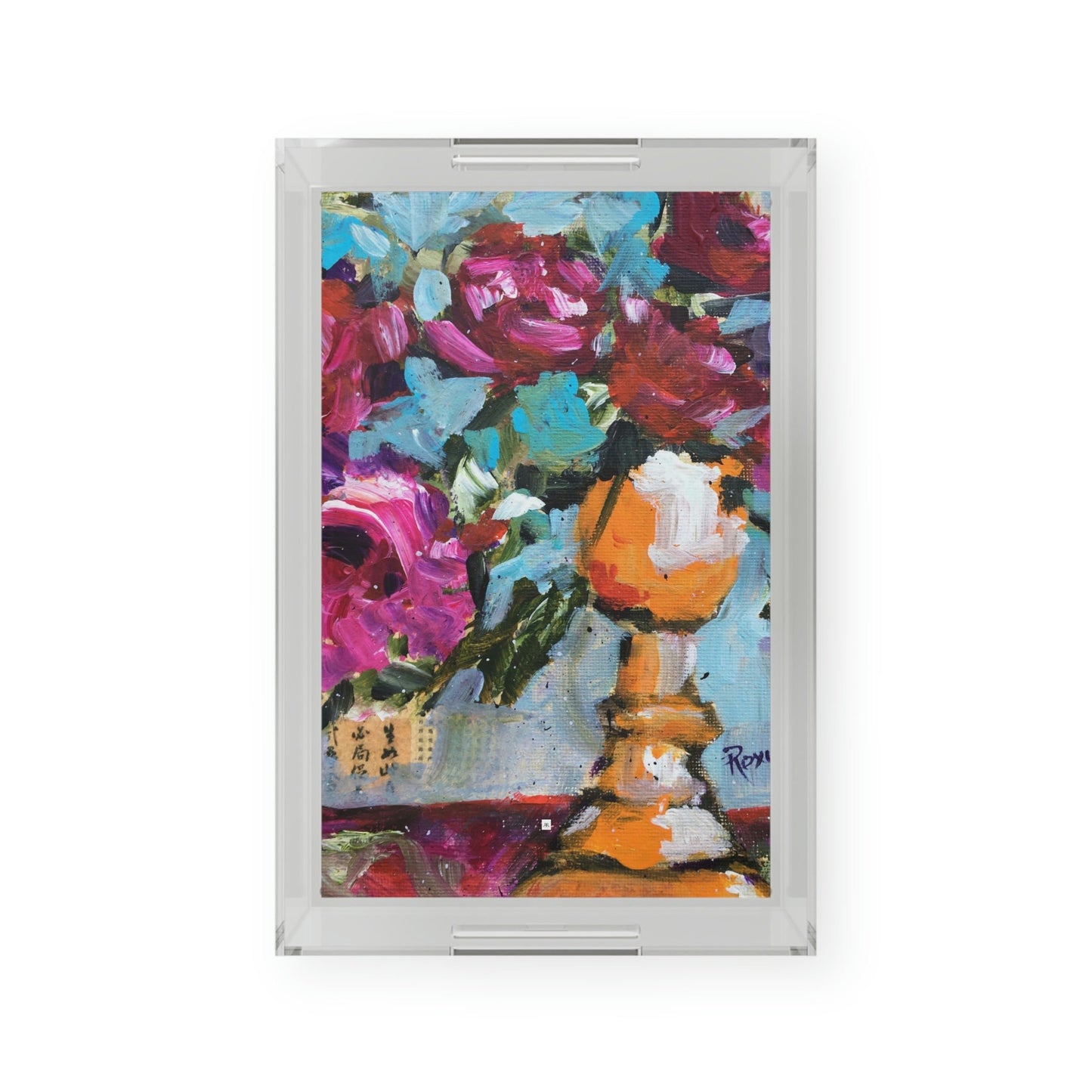 Pink Roses in an Orange Goblet Acrylic Tray