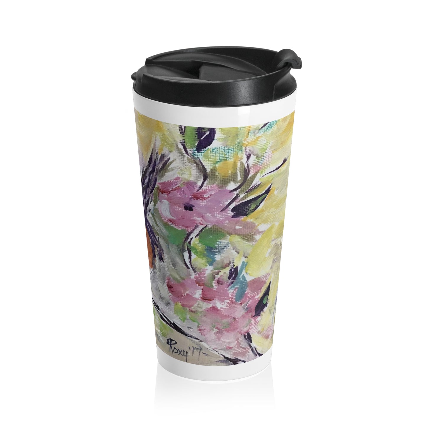 Tasse de voyage en acier inoxydable avec branche de fleurs de cerisier Robin