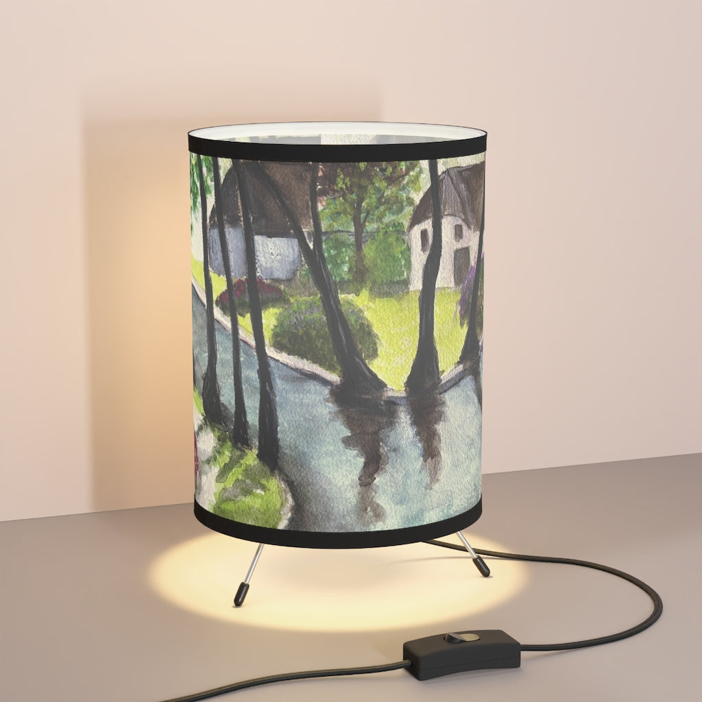 Original Netherlands Village Landscape Painting on Tripod Lamp with High-Res Printed Shade, USCA plug