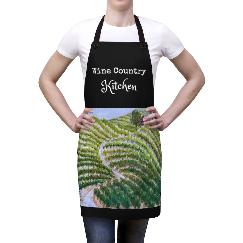 Wine Country Kitchen Chef  Black Kitchen Apron  with Original  Vineyard Painting Art Print Wearable Art