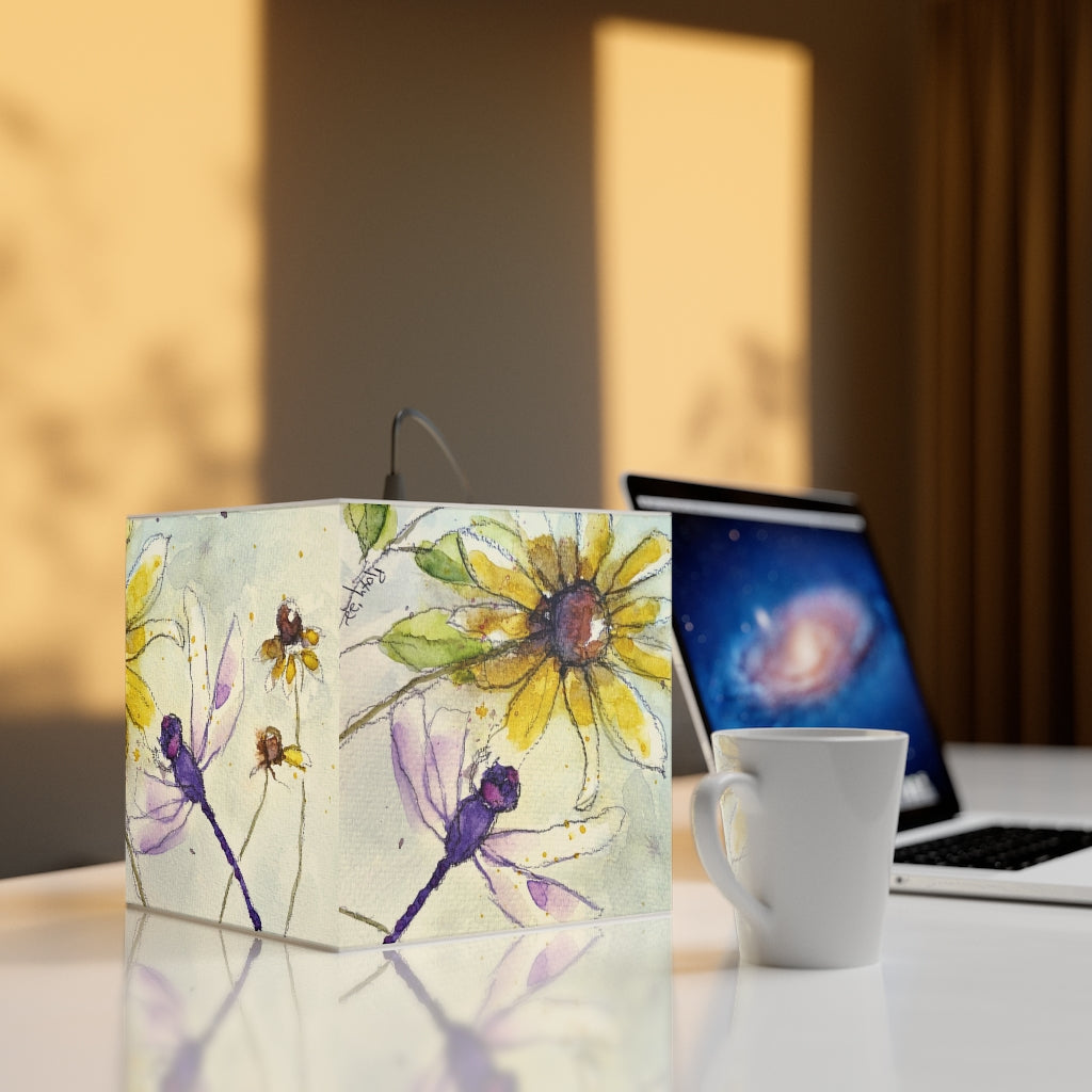 Purple Dragonfly on Yellow Coneflower Cube Lamp