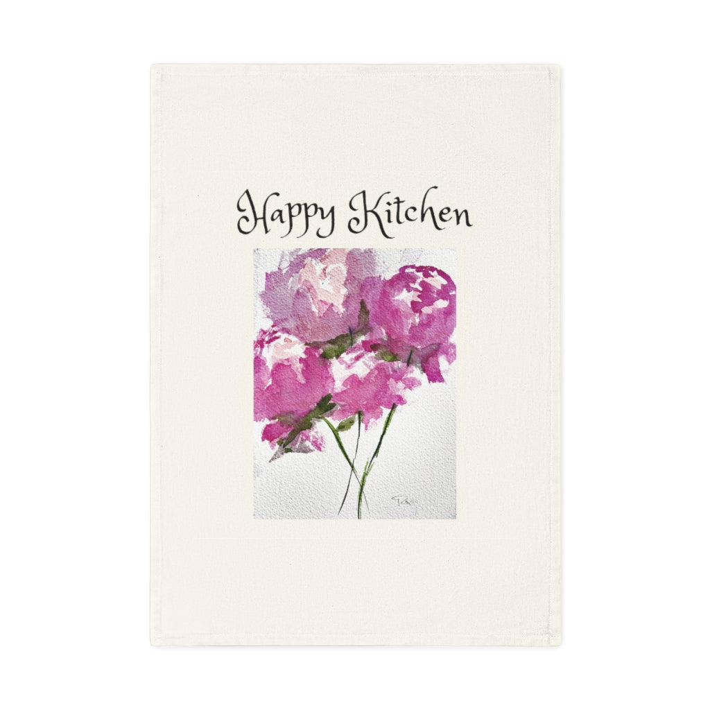 Organic Vegan Cotton Tea Towel with Happy Kitchen and Original Peonies Watercolor  painting printed on it.
